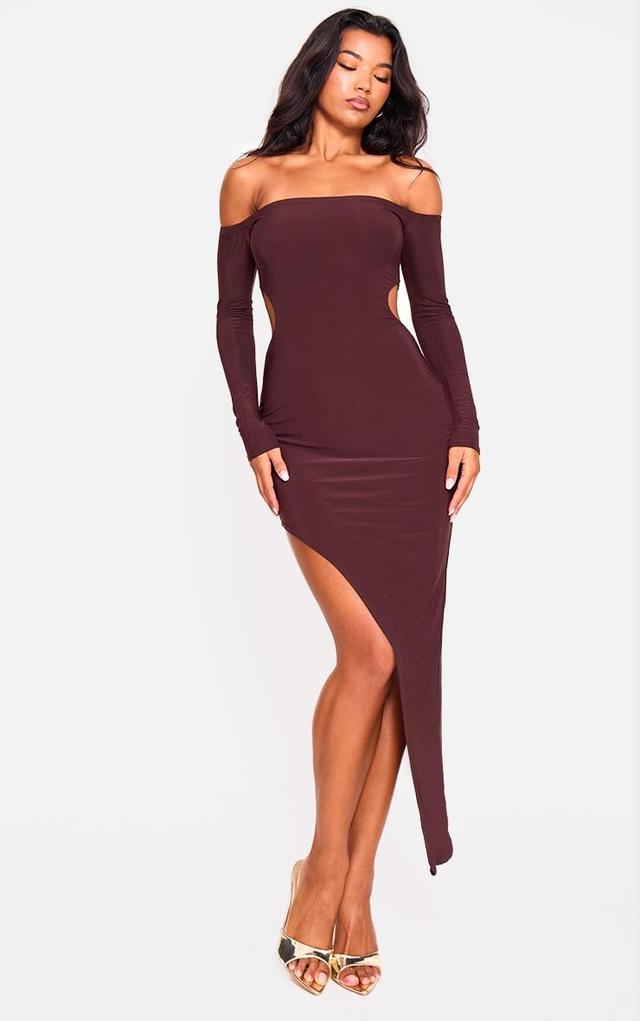  Chocolate Double Layer Long Sleeve Bardot Cut Out Midi Dress Product Image