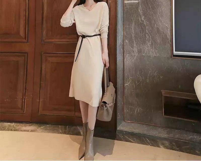 V-Neck Long Sleeve Midi Sweater Dress Product Image