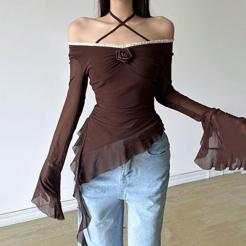 Flared-Sleeve Cold-Shoulder Plain Ruffle Asymmetrical Blouse Product Image