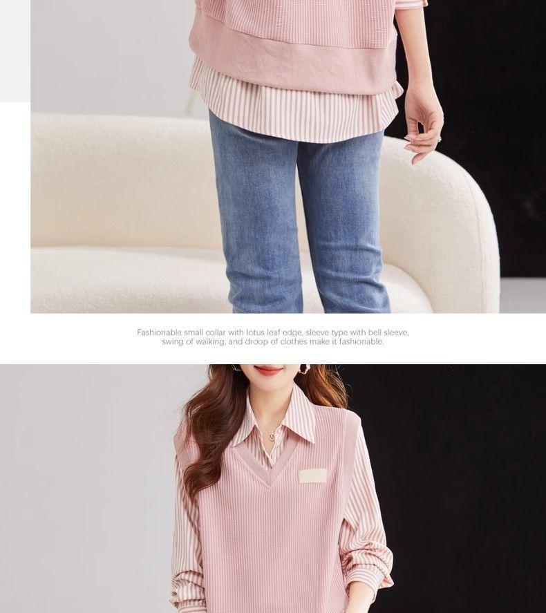 Mock Two-Piece Long-Sleeve Striped Panel Shirt Product Image