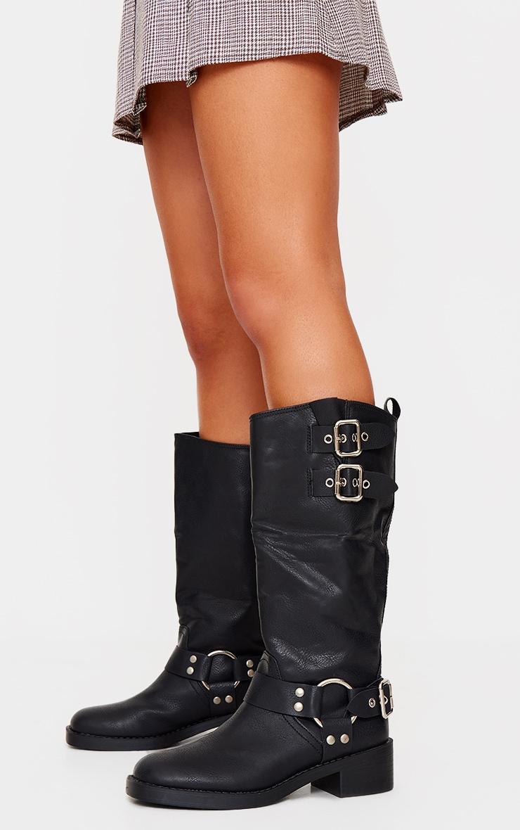 Black PU Round Toe Double Buckle Knee High Boots Product Image