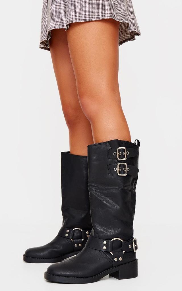 Black PU Round Toe Double Buckle Knee High Boots Product Image