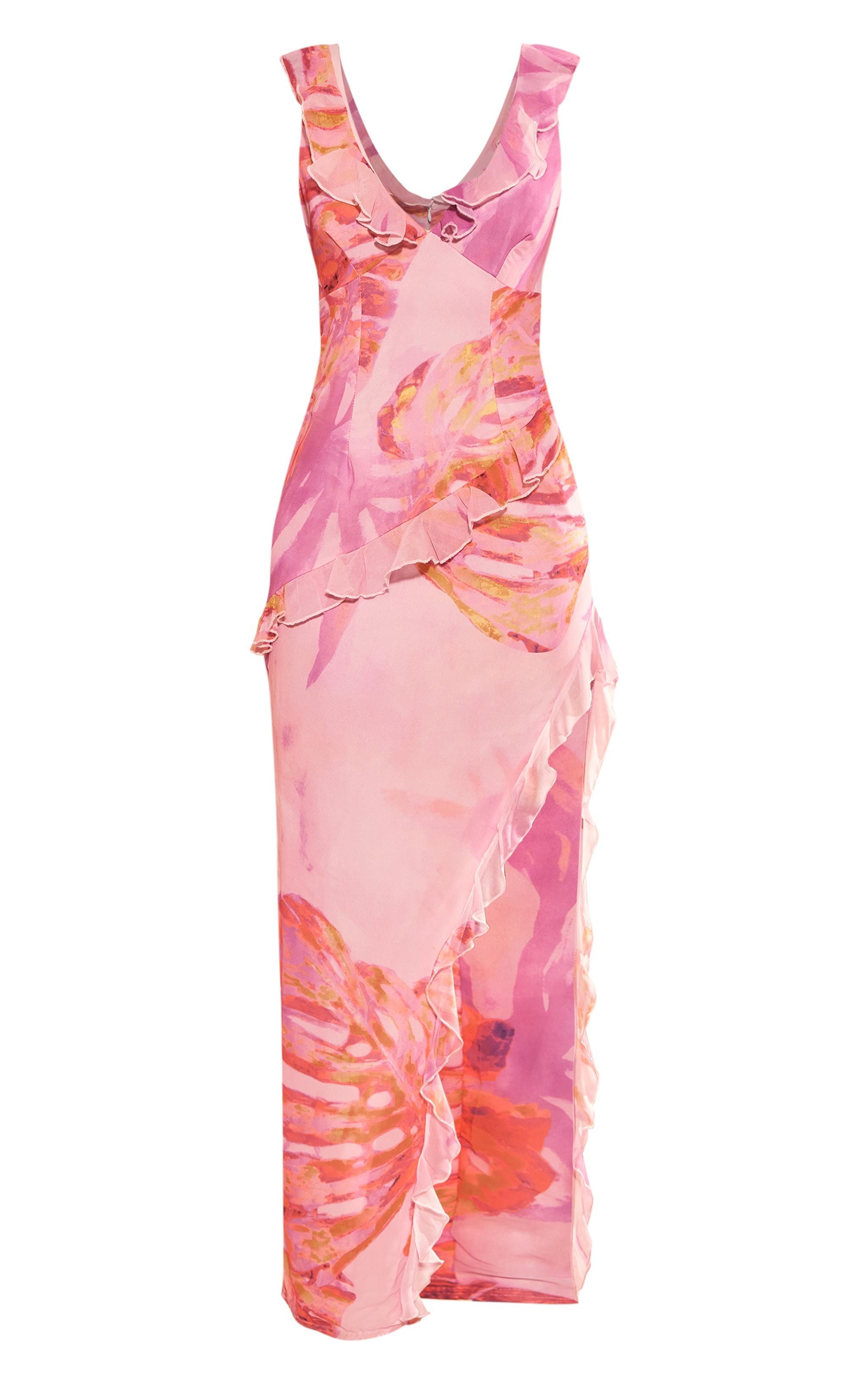 Pink Floral Asymmetric Frill Split Maxi Dress Product Image