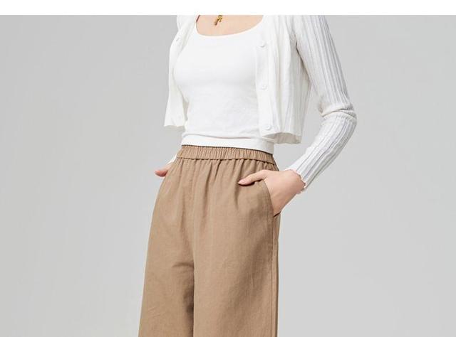 Elastic Waist Plain Roll Up Hem Cropped Wide Leg Pants Product Image