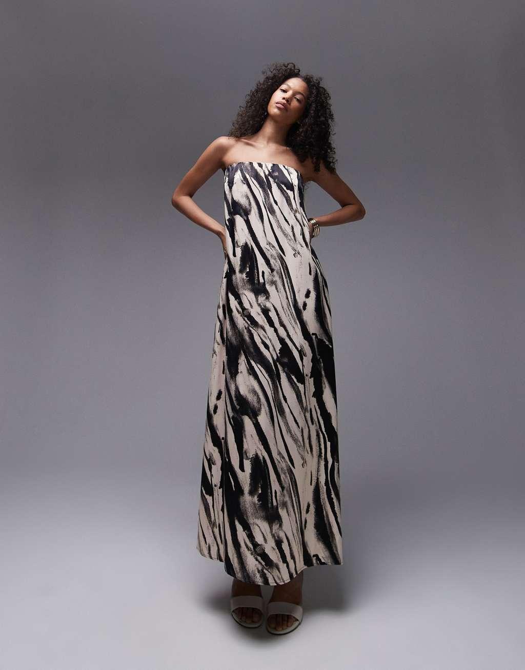 Topshop satin maxi bandeau in mono animal print Product Image