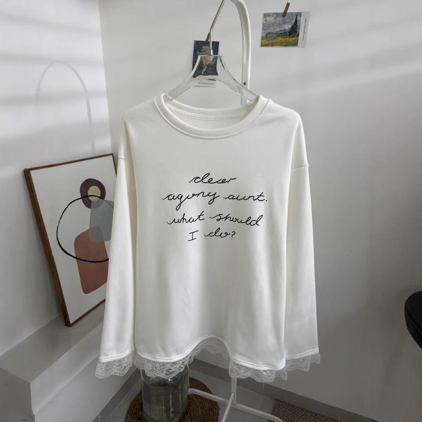 Long-Sleeve Crew Neck Lettering Lace Trim T-Shirt Product Image