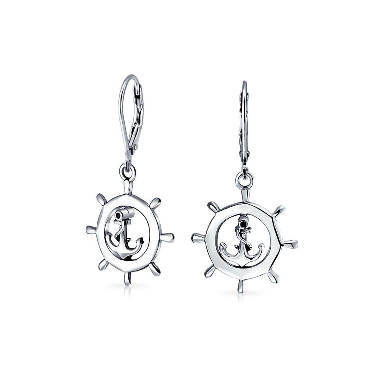 Bling Jewelry Tropical Beach Vacation Honeymoon Simple Nautical Boat Ship Wheel Anchor Lever Back Dangle Earrings For Women .925 Sterling Silver - Sil Product Image