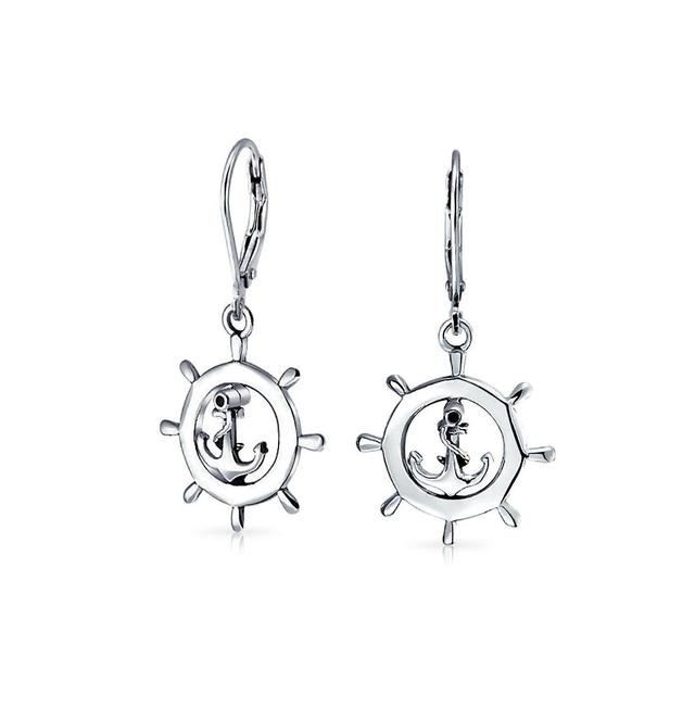 Bling Jewelry Tropical Beach Vacation Honeymoon Simple Nautical Boat Ship Wheel Anchor Lever Back Dangle Earrings For Women .925 Sterling Silver - Sil Product Image