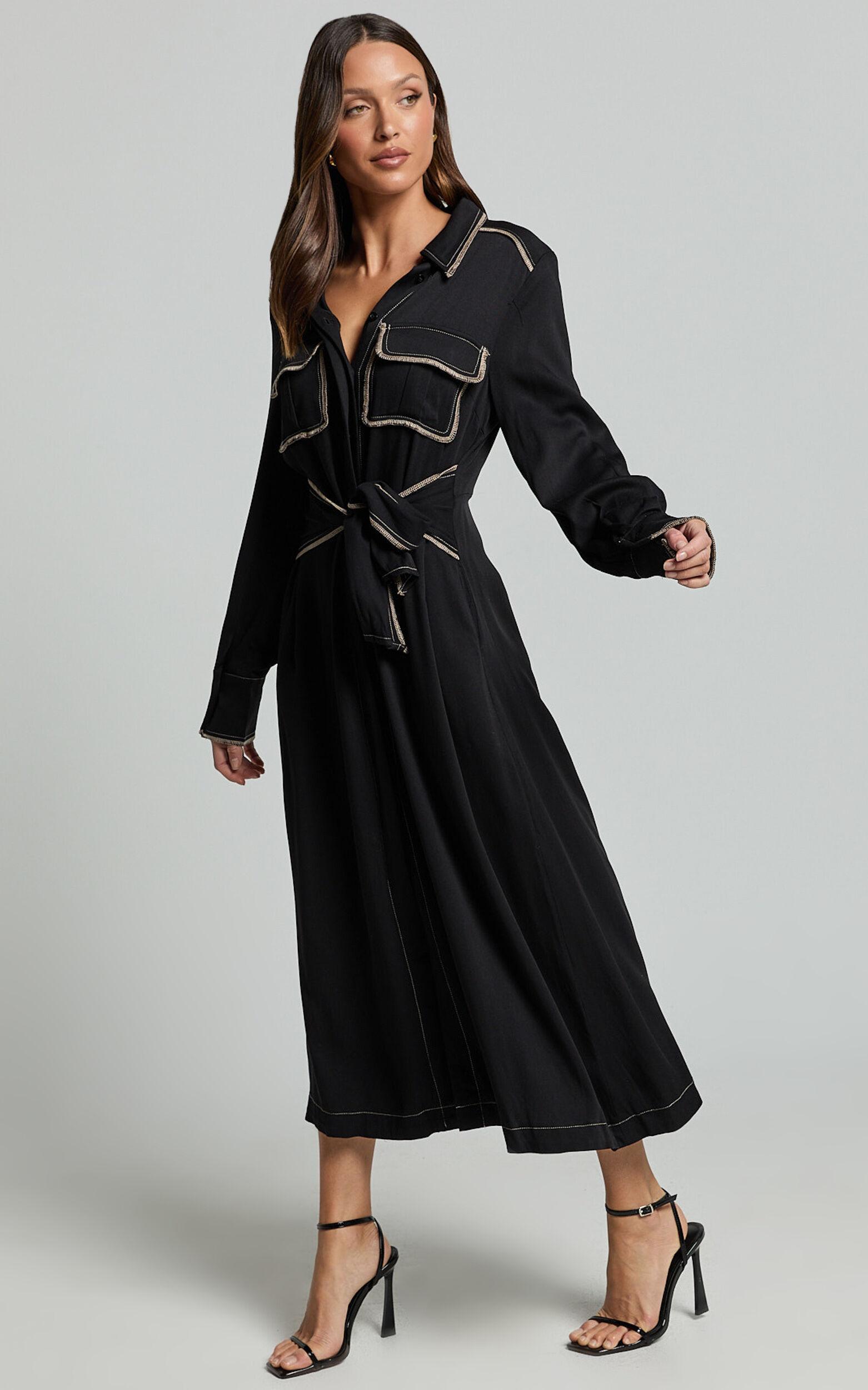 Ally Midi Dress - Collared Button Through Long Sleeve Tie Dress in Black Product Image