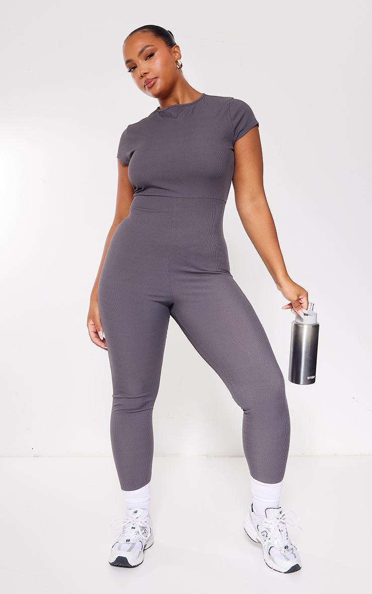 Plus Charcoal Cap Sleeve Rib Jumpsuit Product Image