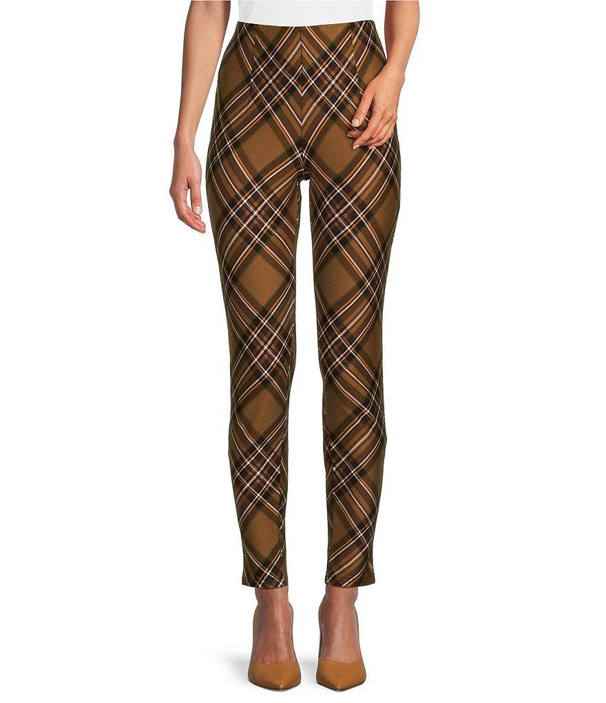 Slim Factor by Investments Ponte Knit Tobacco Brown Plaid Print No Waist Leggings Product Image