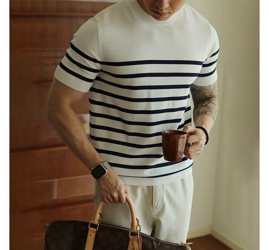 Short-Sleeve Crew Neck Striped Knit Top Product Image