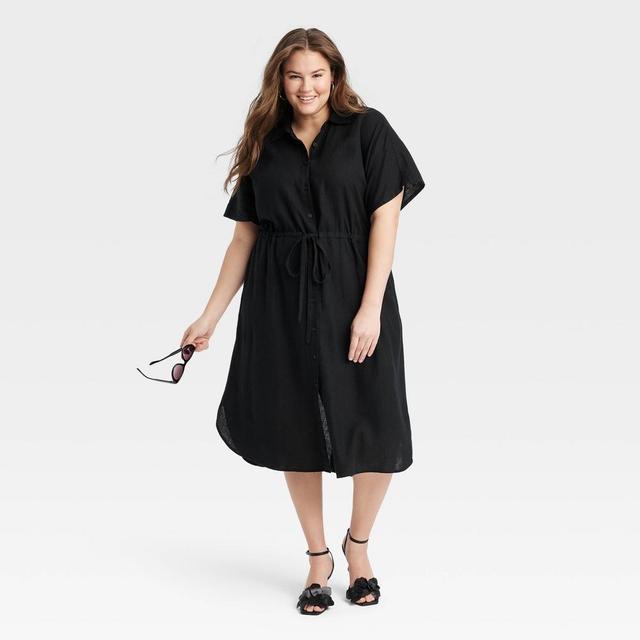 Womens Short Sleeve Linen Midi Shirtdress - A New Day Black XXL Product Image