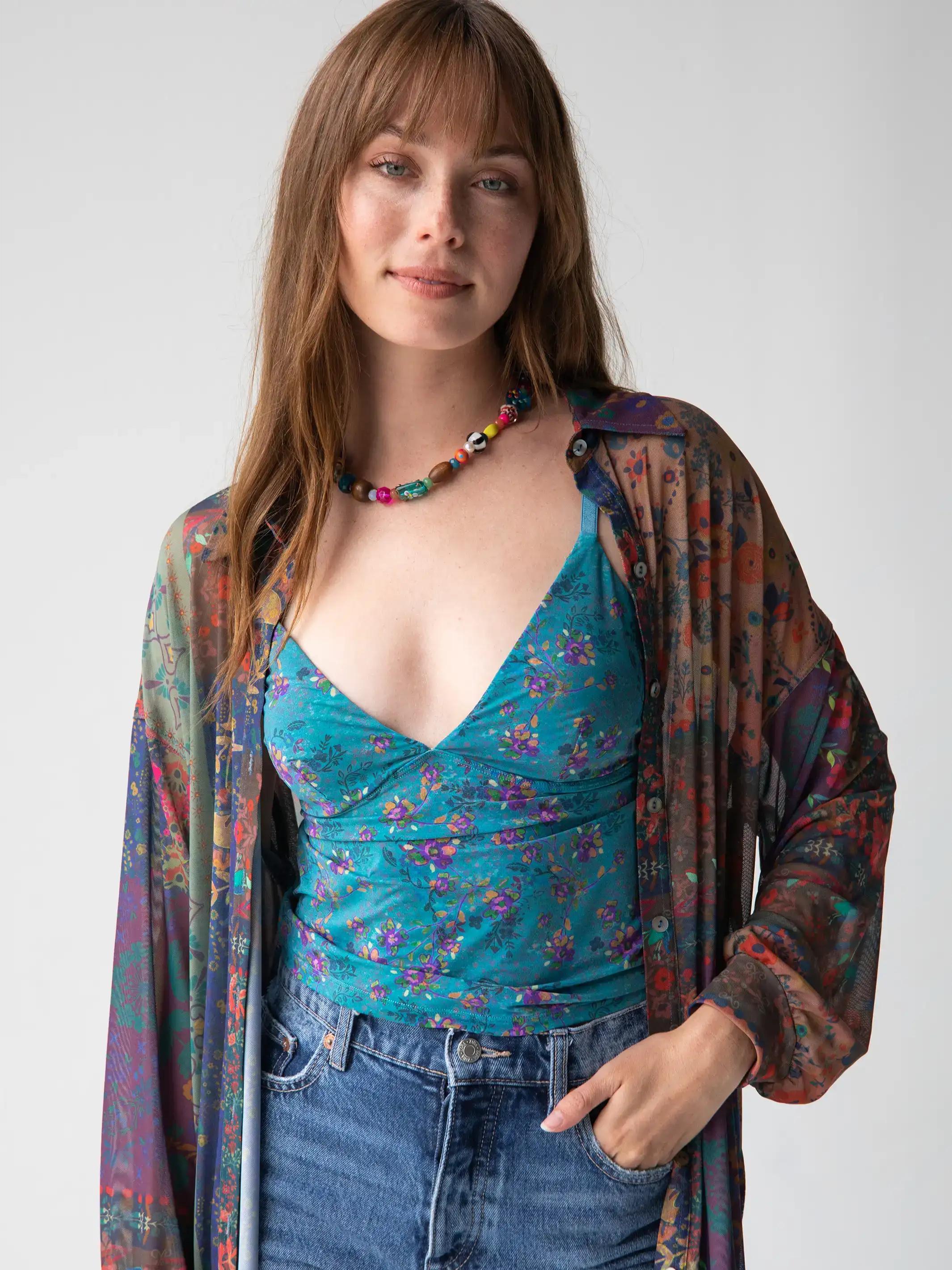 Deep V-Neck Cami - Teal Purple Floral Product Image