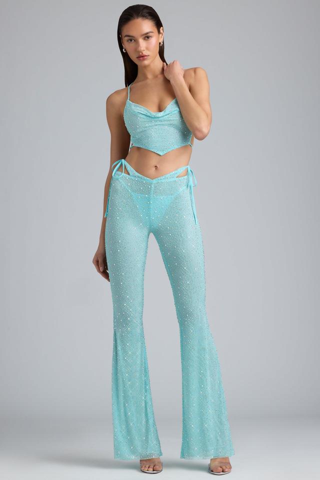 Embellished Cut-Out Flared Trousers in Ice Blue Product Image