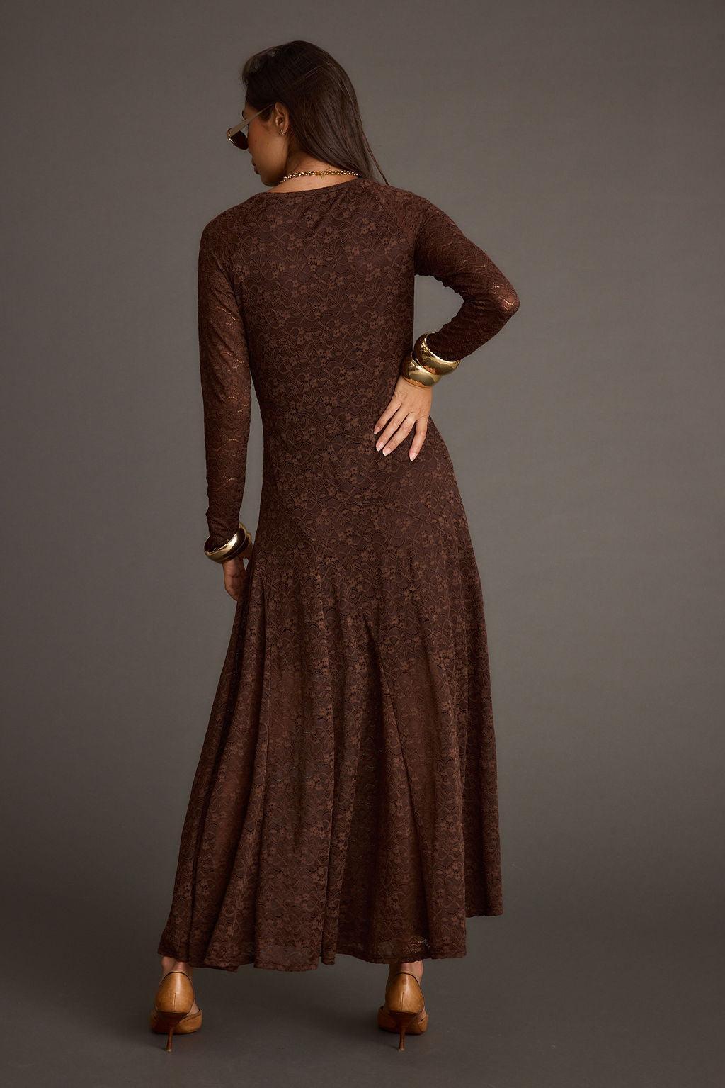 Tierra Brown Lace Long Sleeve Maxi Dress Product Image