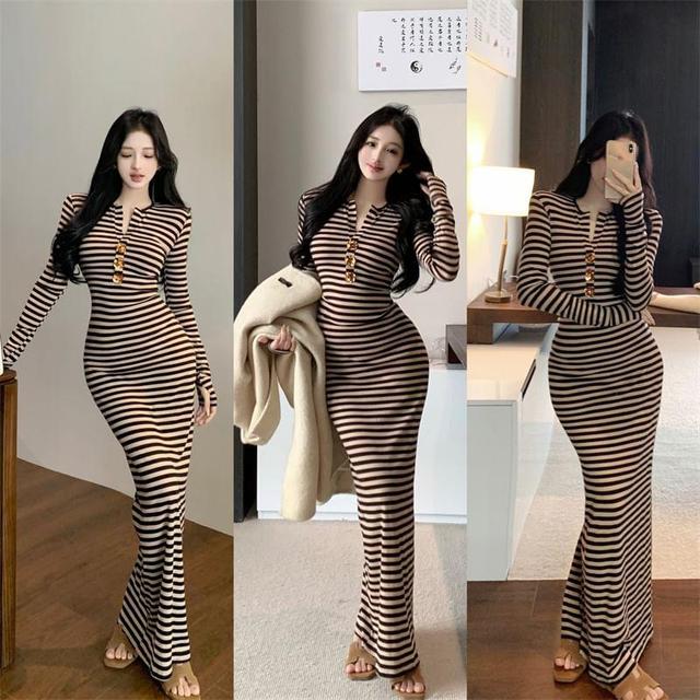 Long-Sleeve Notch Neck Striped Maxi Sheath Dress Product Image