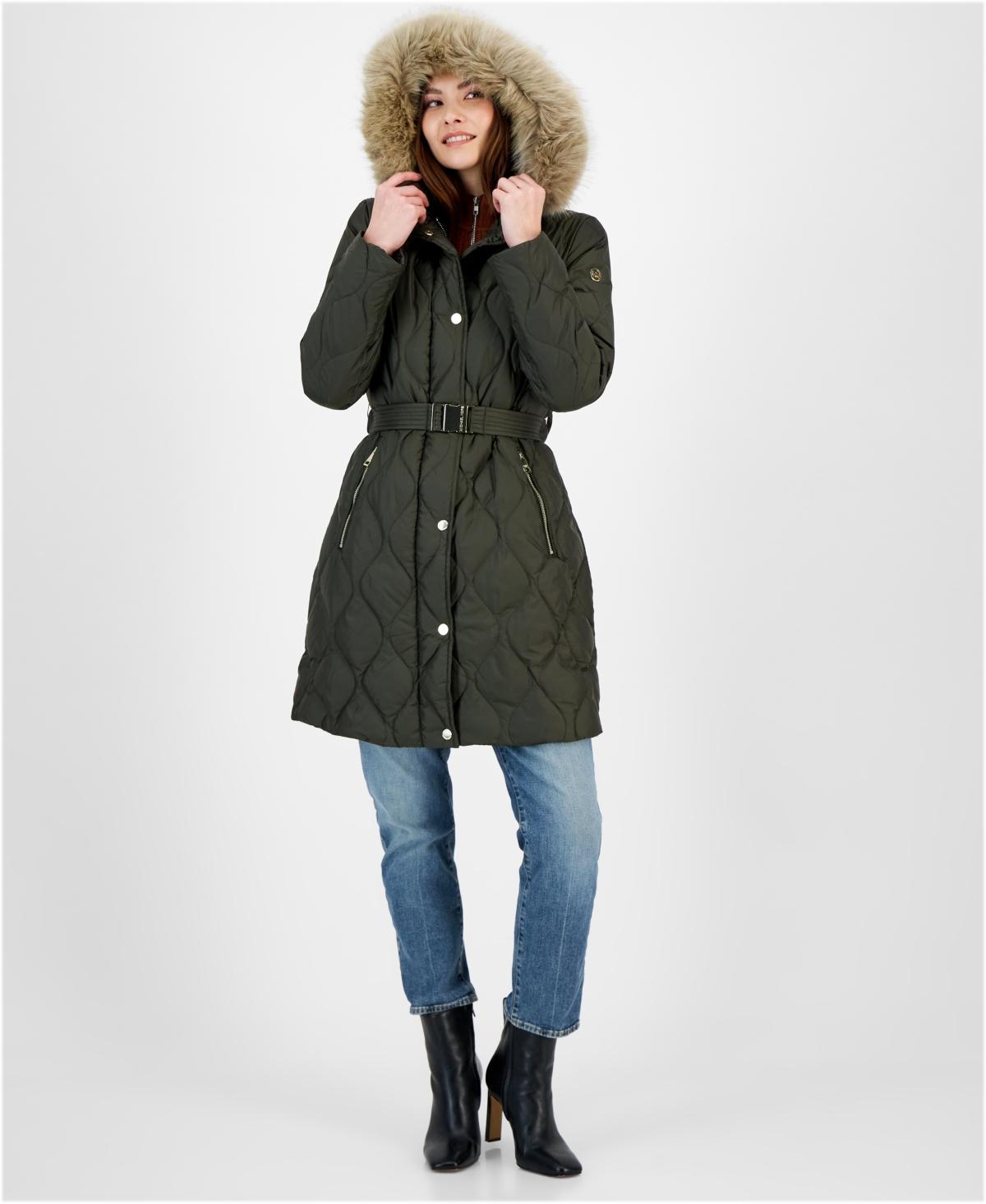 Michael Michael Kors Womens Belted Faux-Fur-Trimmed Hooded Puffer Coat Product Image