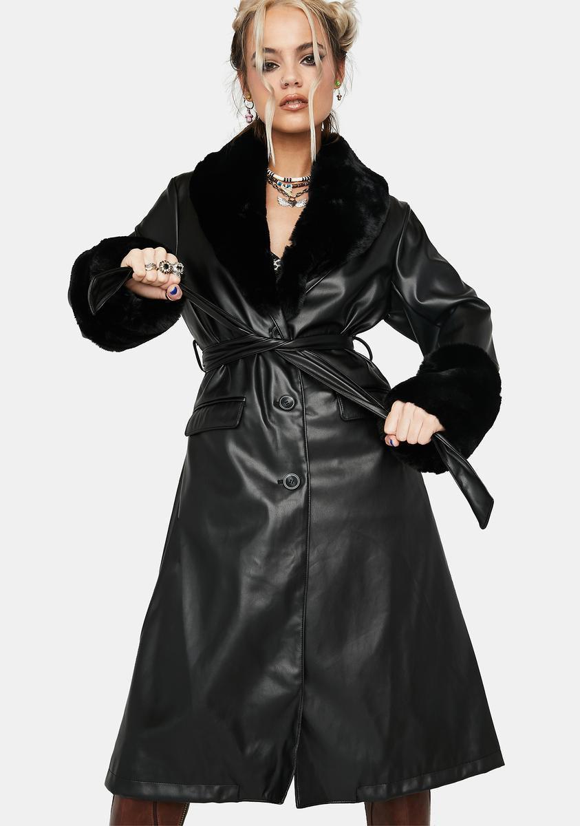 Vegan Leather Trench Coat With Faux Fur Trim - Black product image