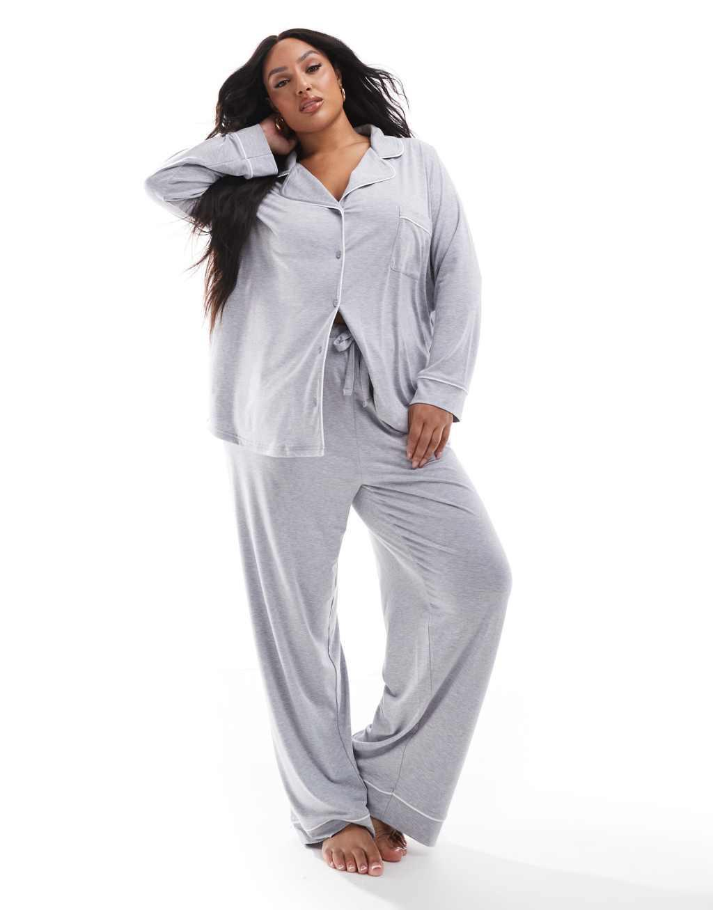 ASOS DESIGN Curve super soft long sleeve shirt & pants pajama set with contrast piping in gray Product Image