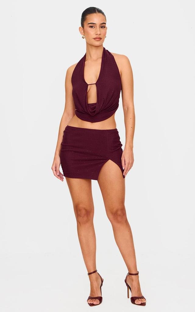 Burgundy Hot Fix Diamante Split Detail Micro Mini Skirt Product Image