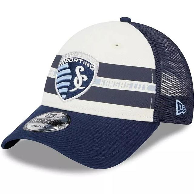 Mens New Era /Navy Sporting Kansas City Team Stripes 9FORTY Trucker Snapback Hat Product Image