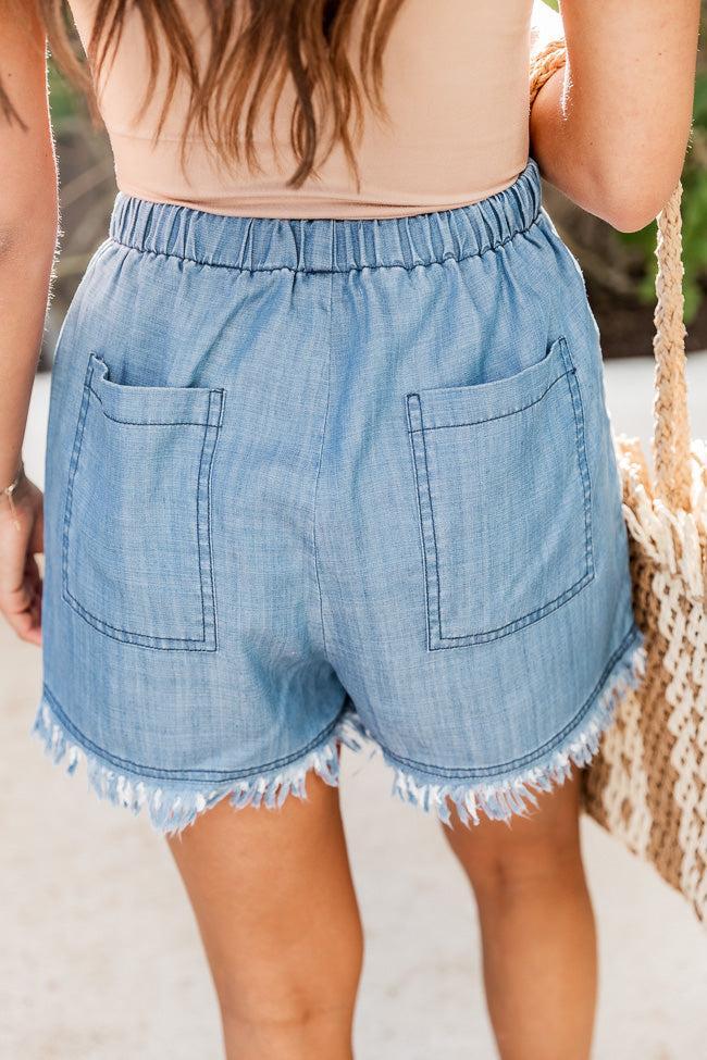 Send A Note Medium Wash Chambray Frayed Edge Shorts FINAL SALE Product Image