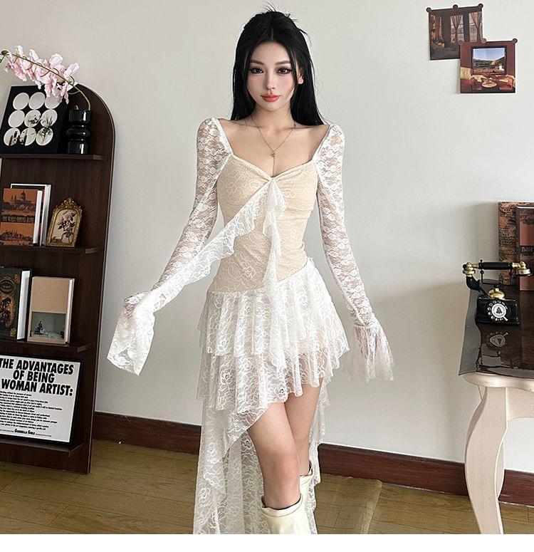 Long-Sleeve V-Neck Lace Asymmetrical Mermaid Dress Product Image