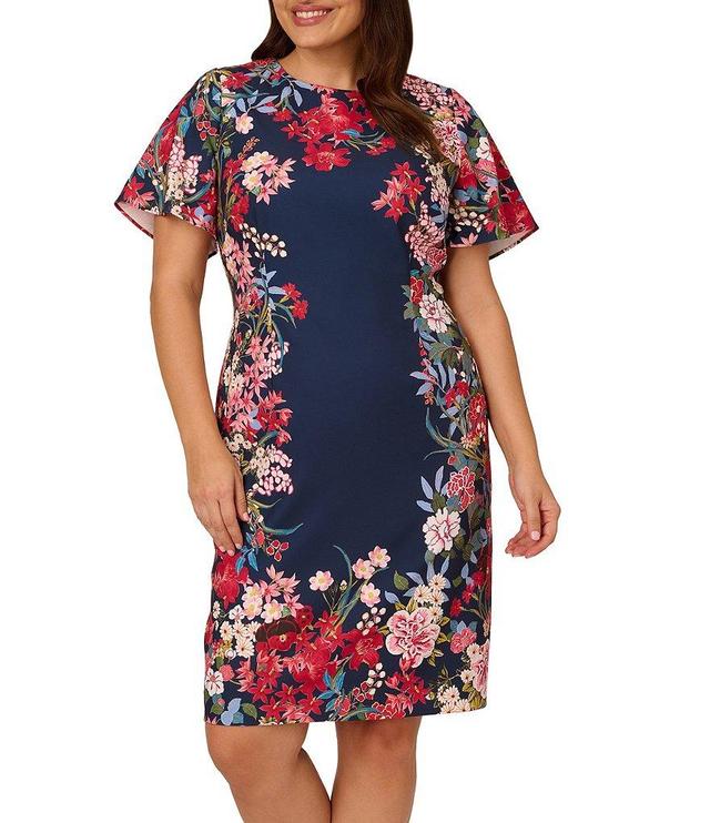 Adrianna Papell Plus Size Short Flutter Sleeve Crew Neck Floral Dress Product Image