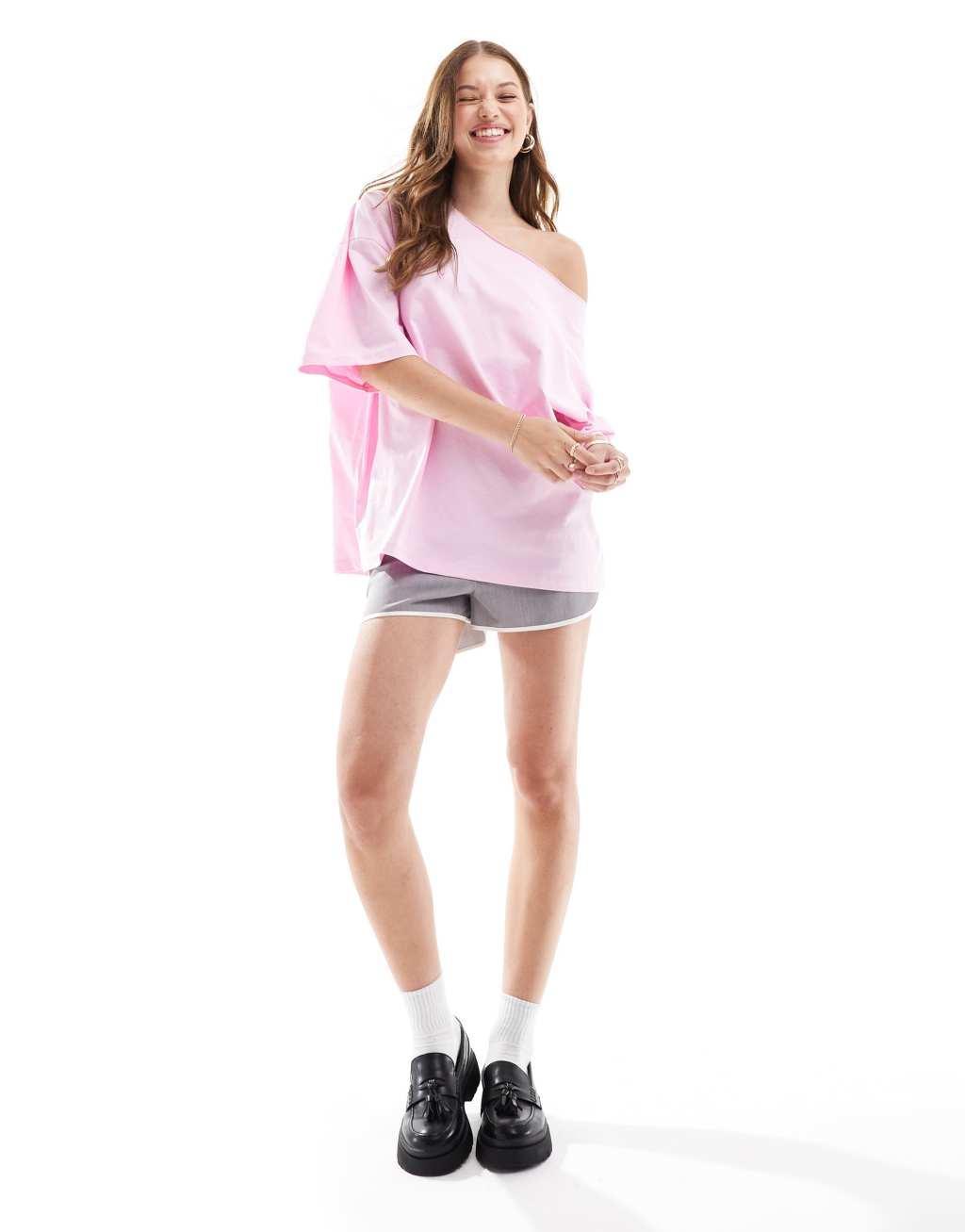 ASOS DESIGN relaxed off shoulder t-shirt in pink Product Image