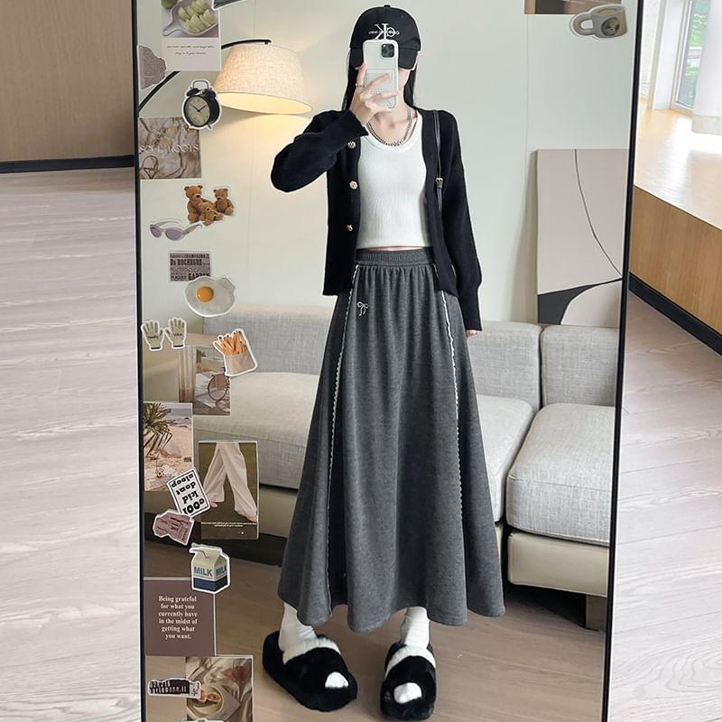 Bow Logo High Waist Plain Lace Trim Maxi A-Line Skirt Product Image