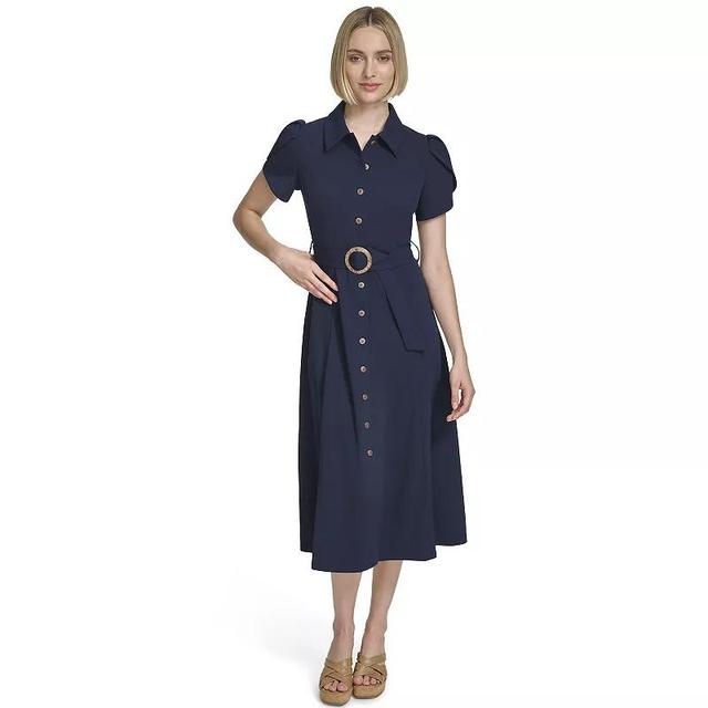 Womens Andrew Marc Short Sleeve Button Front Midi Dress Blue Product Image