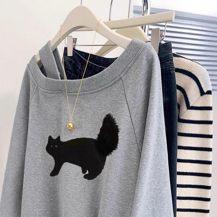 Cold Shoulder Cat Print Asymmetrical Pullover Product Image