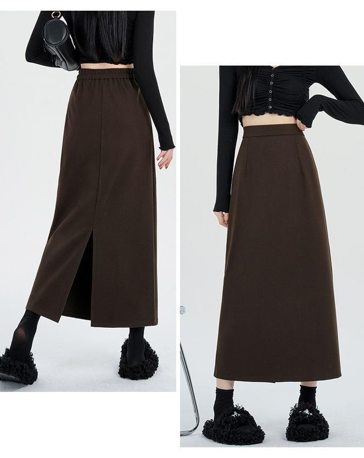 High Waist Plain Slit Midi A-Line Skirt Product Image