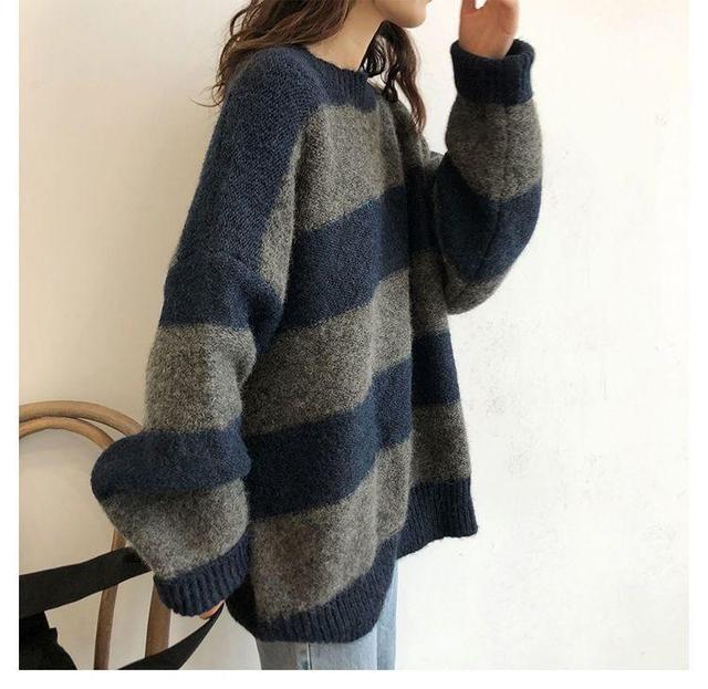 Crew Neck Striped Oversized Sweater Product Image