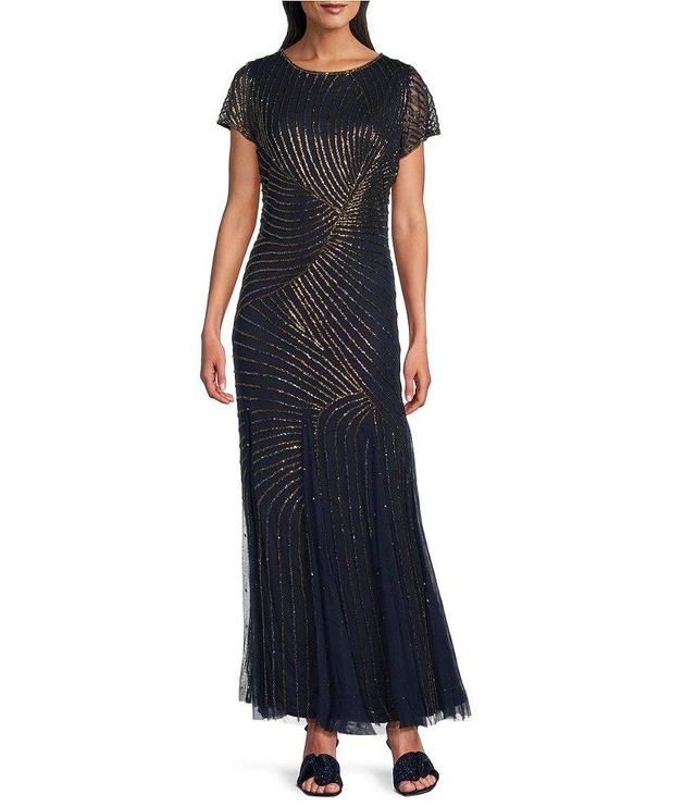 Pisarro Nights Beaded Boat Neck Short Sleeve V Back A-Line Dress Product Image