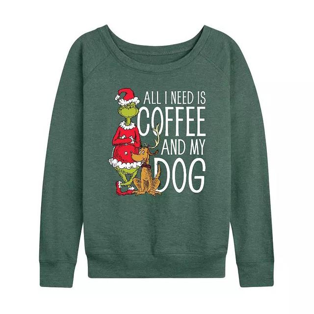 Womens Dr. Seuss Grinch All I Need Is Coffee Lightweight French Terry Sweatshirt Grey Green Product Image