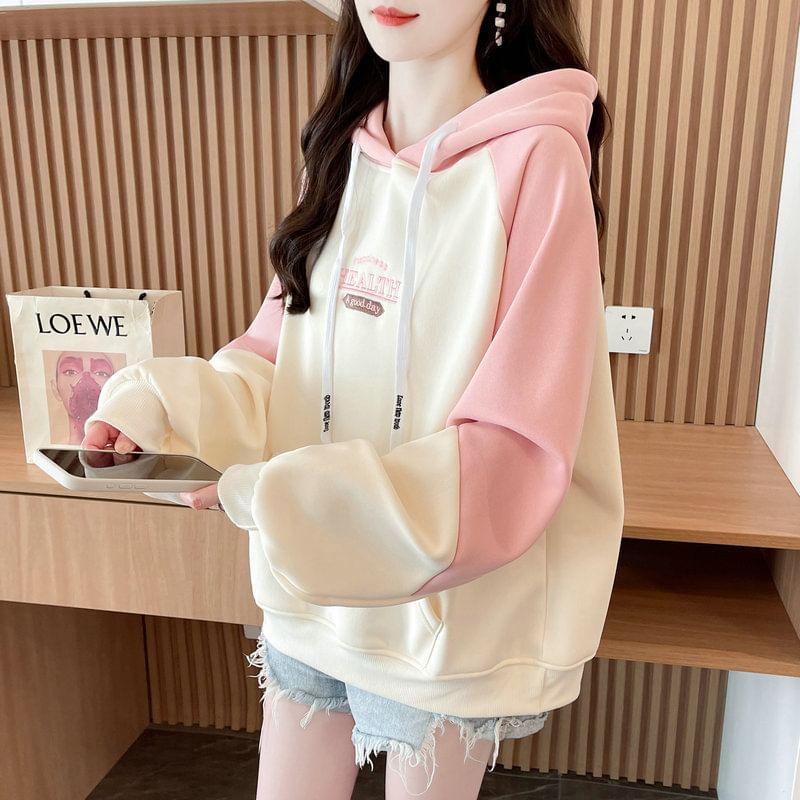 Lettering Embroidered Drawstring Raglan Hoodie Product Image