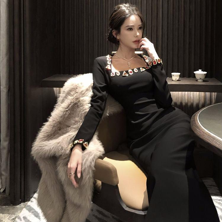 Long-Sleeve Square Neck Rhinestone Slit Midi Sheath Dress Product Image