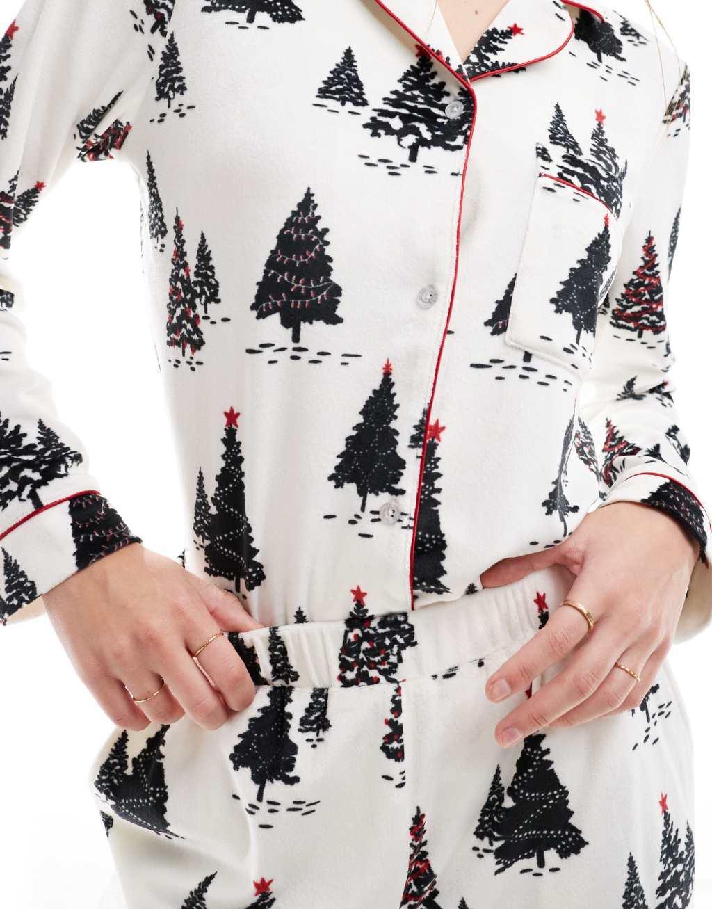 Chelsea Peers velour Christmas tree print top and pants pajama set in snow white Product Image