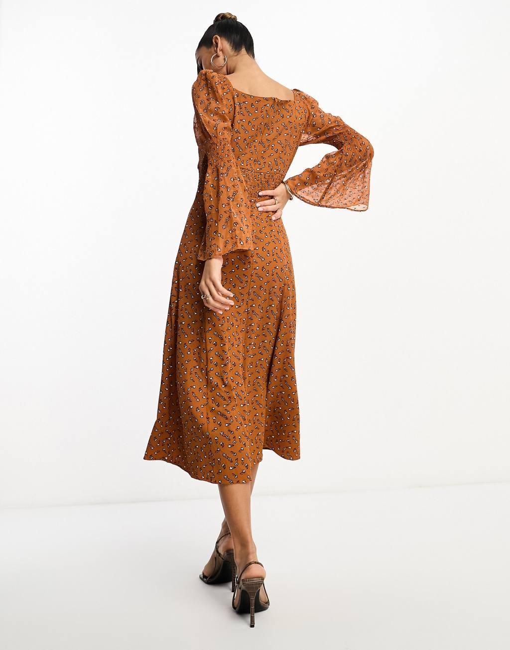 French Connection long sleeve maxi dress in brown floral Product Image