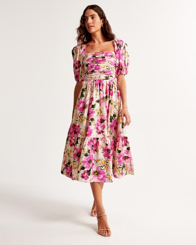 The A&F Emerson Linen-Blend Puff Sleeve Midi Dress Product Image