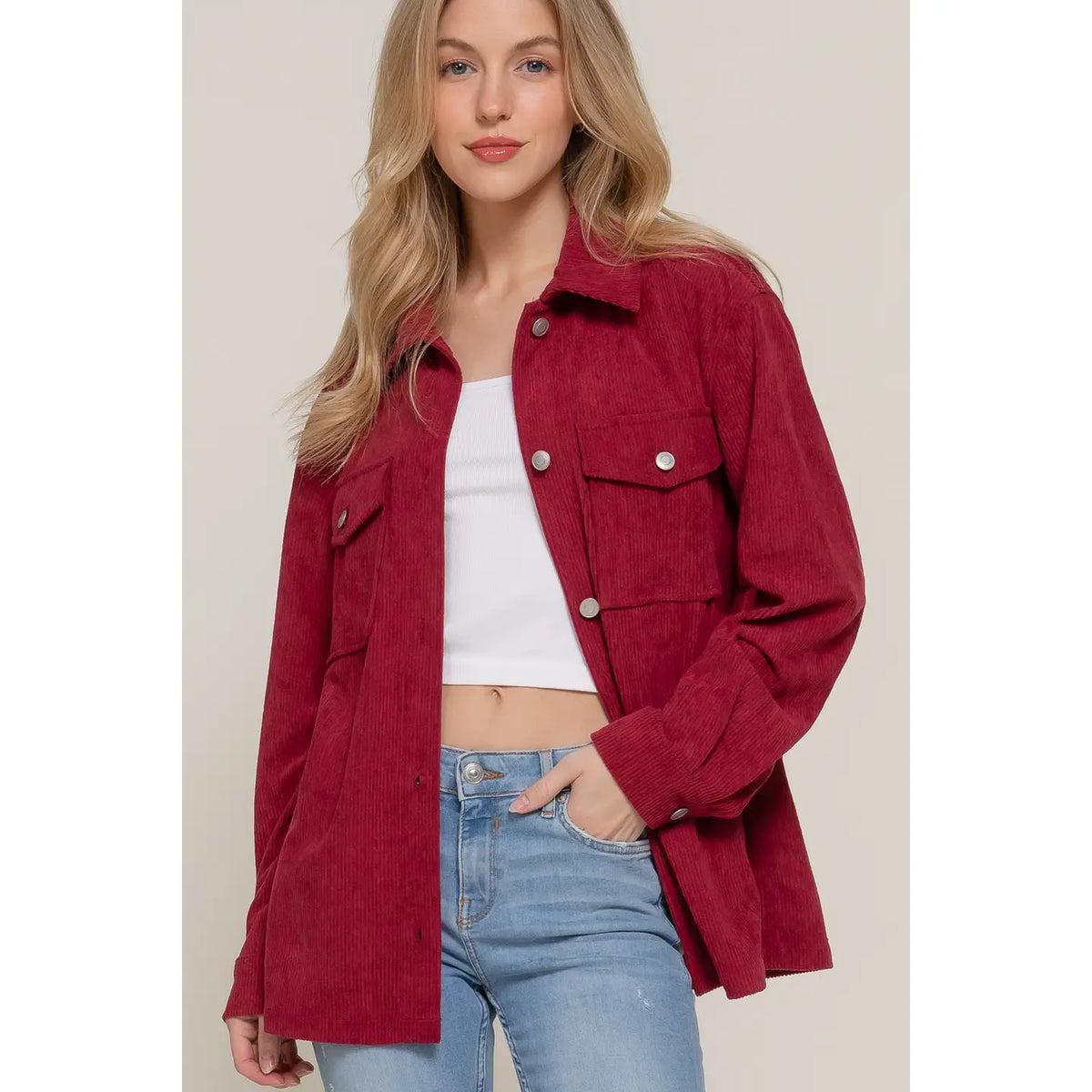 Women's Wine Long Sleeve Front Pocket Button Down Corduroy Jacket Product Image