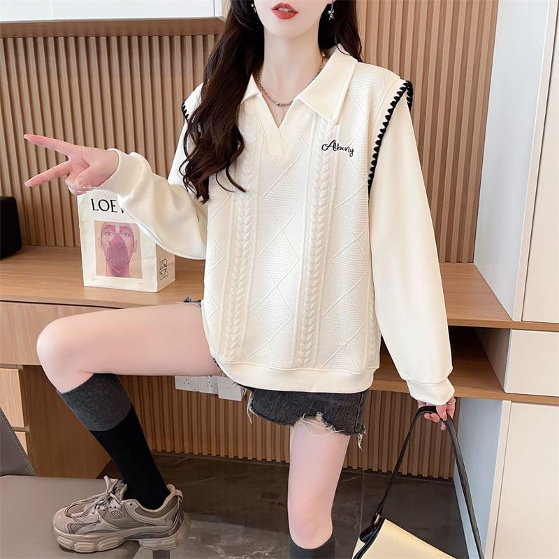 V-Neck Collared Lettering Embroidered Contrast Trim Pullover Product Image