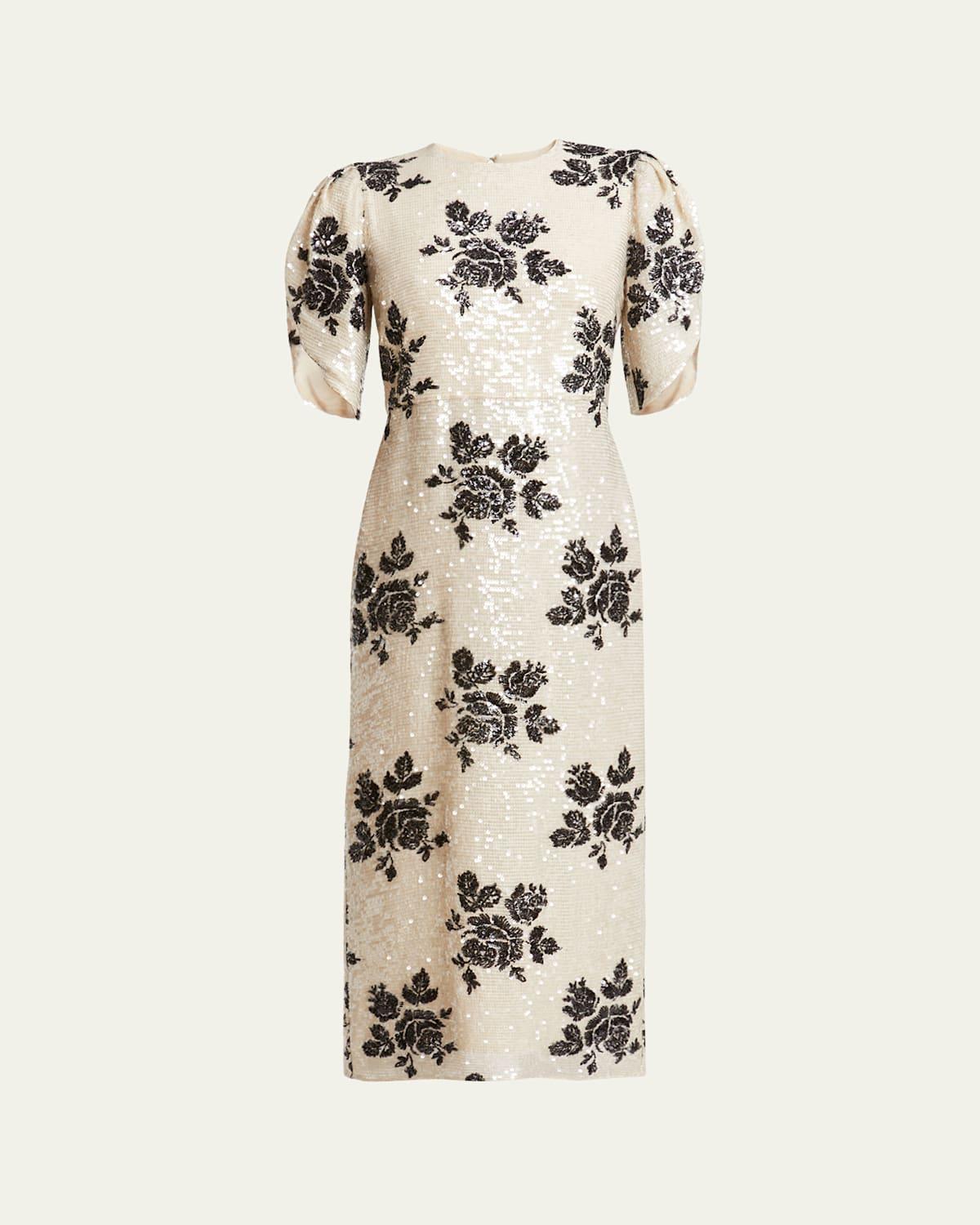 Sequinned Floral Cocktail Midi Dress In Winter White And Black Product Image