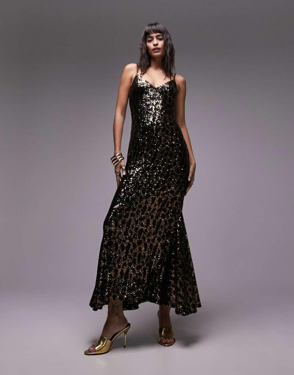 Topshop animal sequin maxi dress in black and gold Product Image