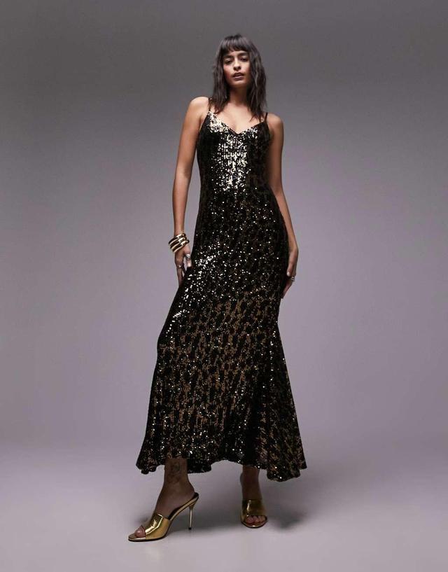 Topshop animal sequin maxi dress in black and gold Product Image