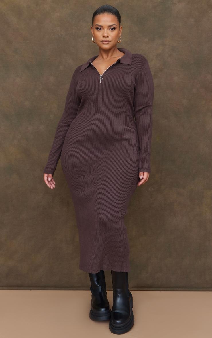 Plus Chocolate Half Zip Collared Detail Midaxi Dress Product Image