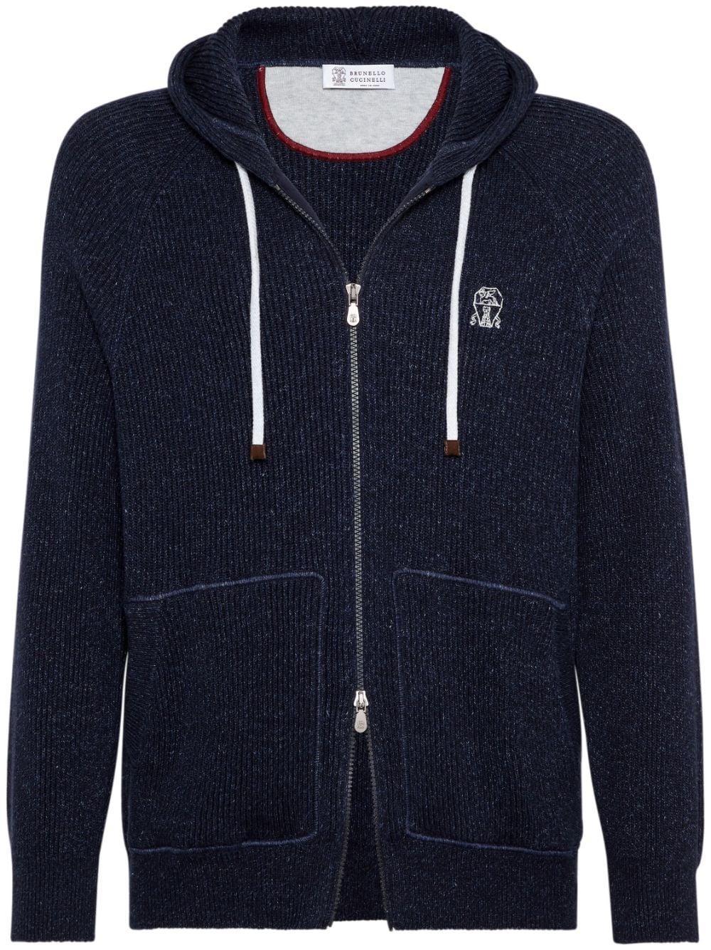 Men's English Rib Knit Hooded Sweatshirt With Zipper In Navy Blue Product Image