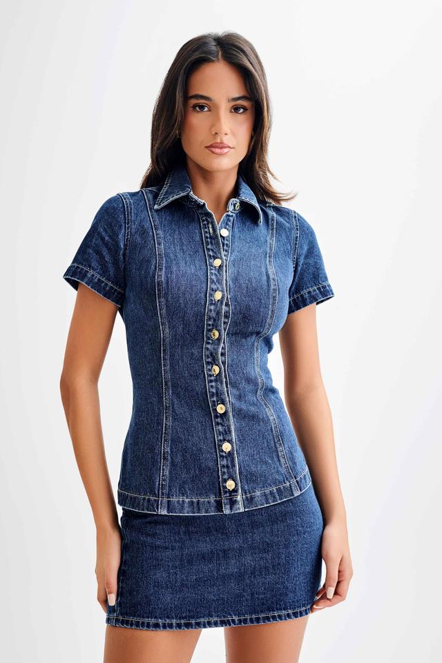 Ellie Denim Short Sleeve Top - Dark Blue Product Image